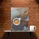 Caffeine Dreamscape - Canvas - Main image where the product is placed on a shelf against a brick wall, next to a mug - Cafetitude Wall Art